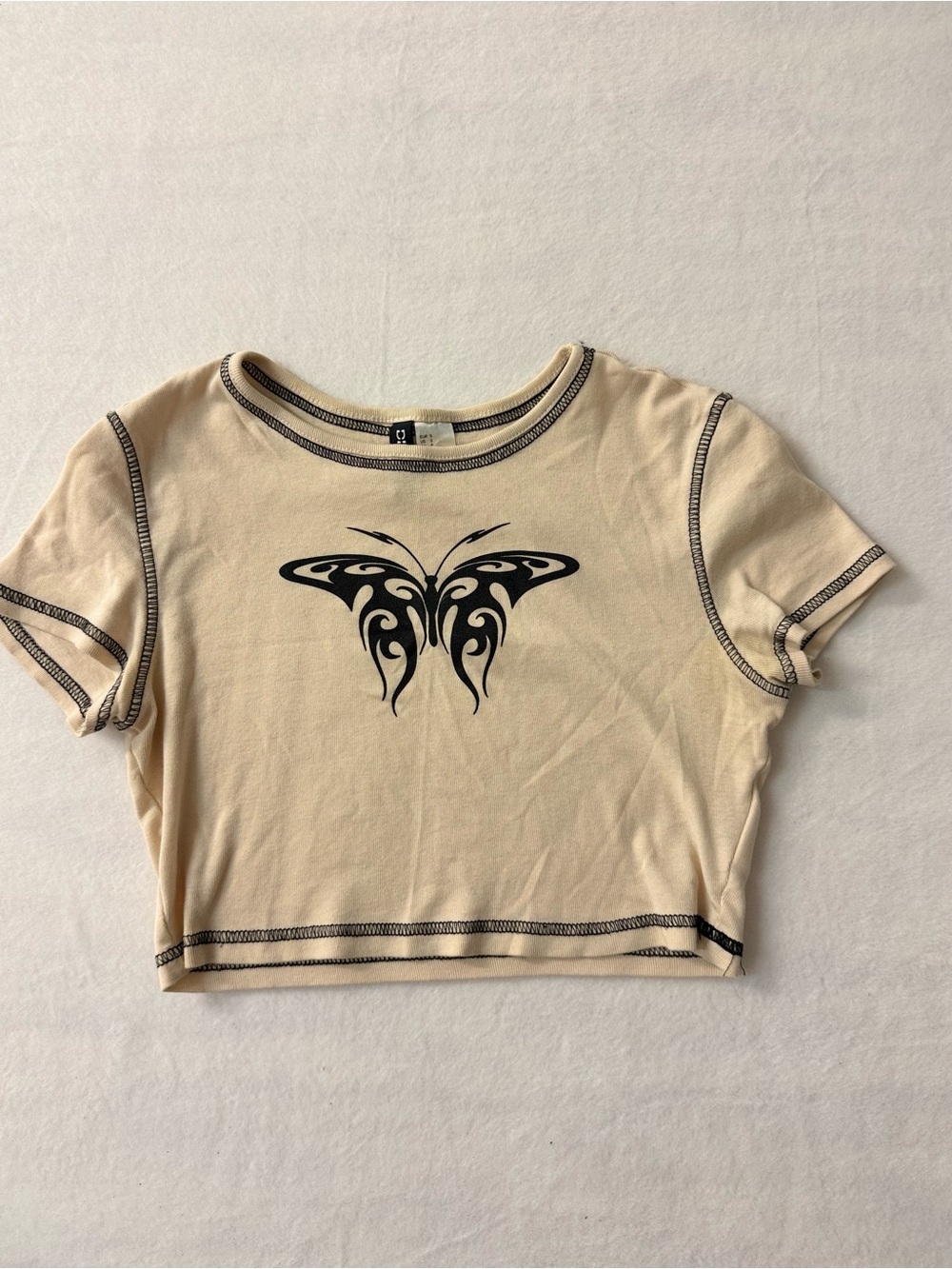 HM Divided Womens Small Cream Beige Tribal Butterfly Crop Top Exposed Stitch Y2K
